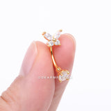 Detail View 2 of Golden Brilliant Sparkle Butterfly Prong Gem Top Curved Barbell-Clear Gem