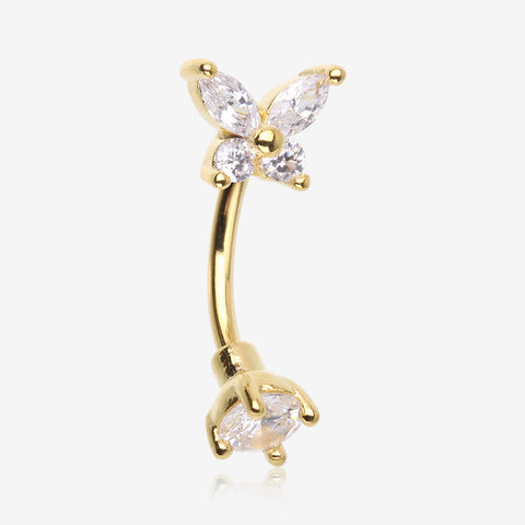 Golden Brilliant Sparkle Butterfly Prong Gem Top Curved Barbell-Clear Gem