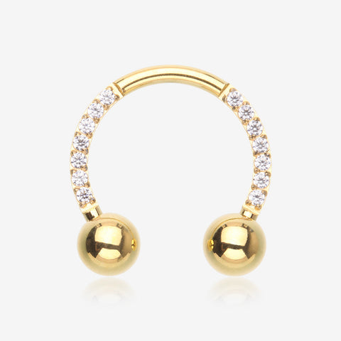 Golden Front Facing Sparkle Multi-Gem Steel Horseshoe Circular Barbell-Clear Gem
