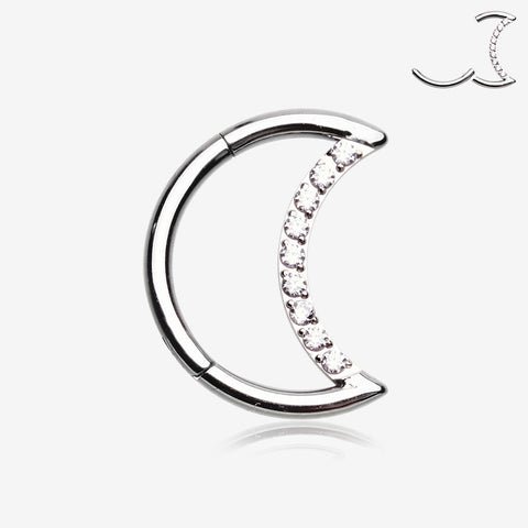 Brilliant Sparkle Gem Lined Crescent Moon Seamless Clicker Hoop Ring-Clear Gem