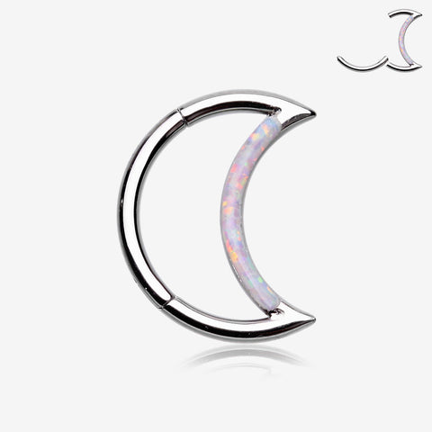 Fire Opal Lined Crescent Moon Seamless Clicker Hoop Ring-White Opal