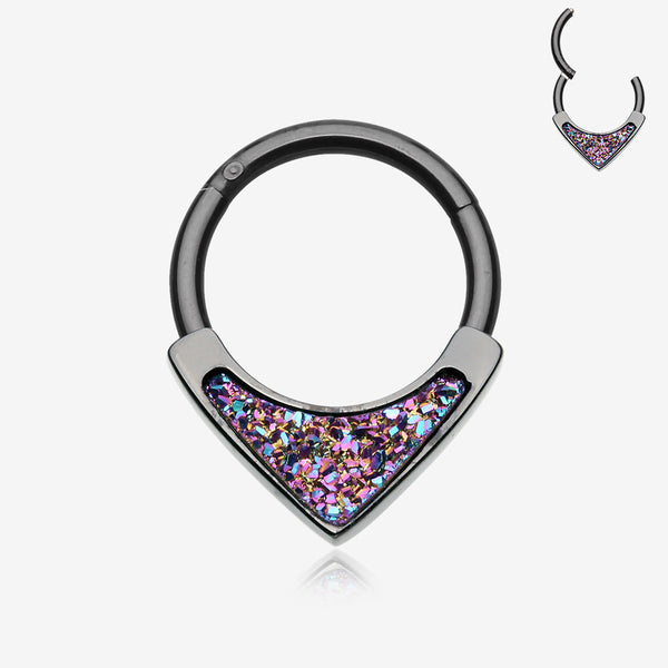 Blackline Druzy Stone Sparkle Chevron Smealess Clicker Hoop Ring-Black/Rainbow