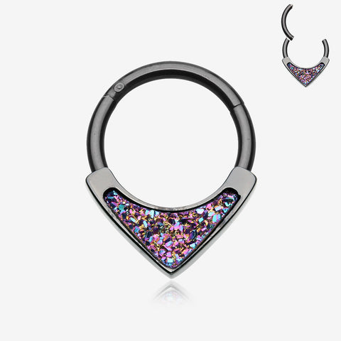 Blackline Druzy Stone Sparkle Chevron Smealess Clicker Hoop Ring-Black/Rainbow