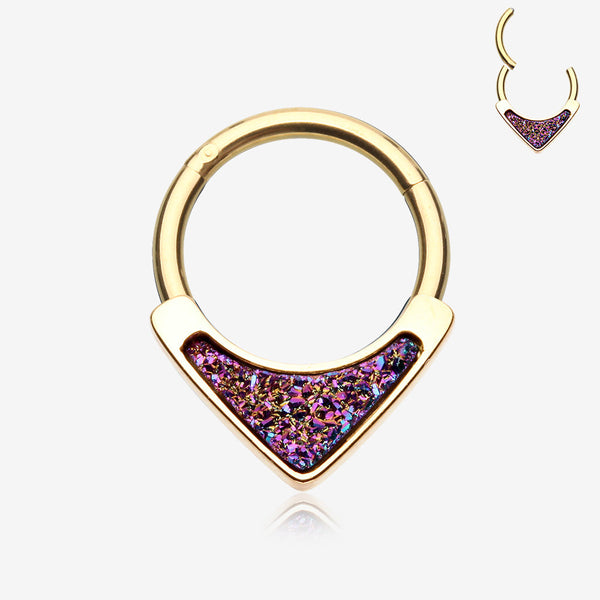 Golden Druzy Stone Sparkle Chevron Smealess Clicker Hoop Ring-Rainbow