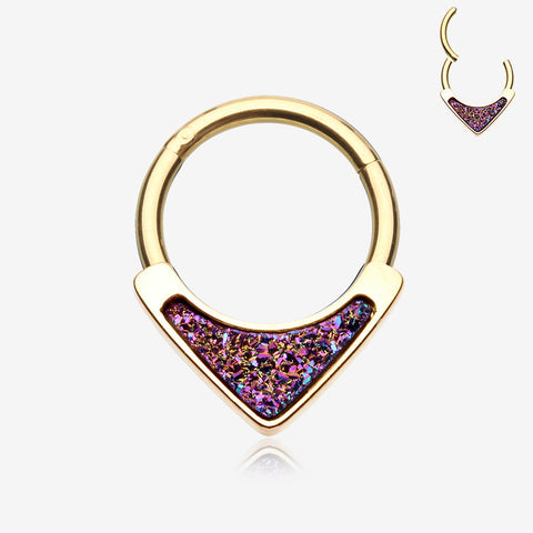 Golden Druzy Stone Sparkle Chevron Smealess Clicker Hoop Ring-Rainbow