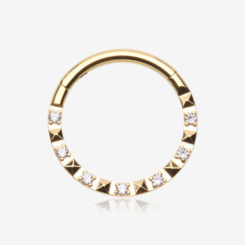 Golden Pyramid Studded Multi-Gem Sparkle Seamless Clicker Hoop Ring-Clear Gem