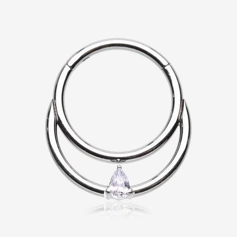 Classic Double Loop Teardop Sparkle Clicker Hoop Ring-Clear Gem