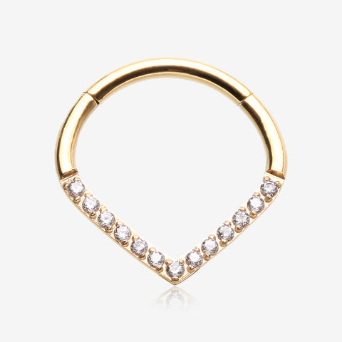 Golden Brilliant Sparkle Chevron Seamless Clicker Hoop Ring-Clear Gem