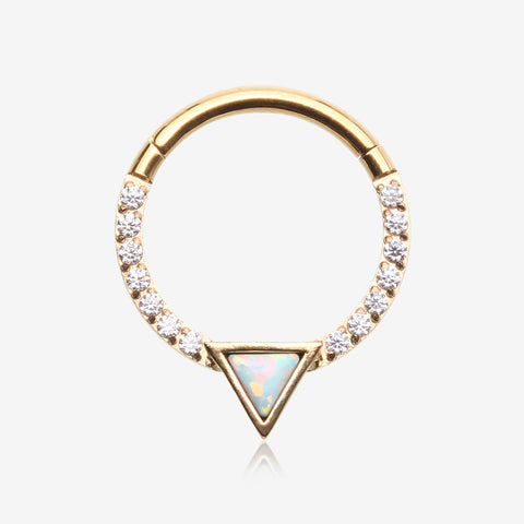 Golden Fire Opal Triangle Multi-Gem Sparkle Rim Seamless Clicker Hoop Ring-Clear Gem/White Opal