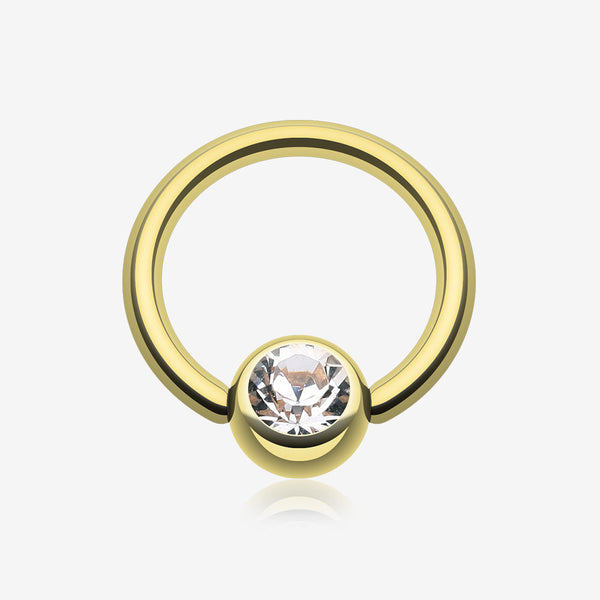 Gold Plated Gem Ball Captive Bead Ring-Clear Gem