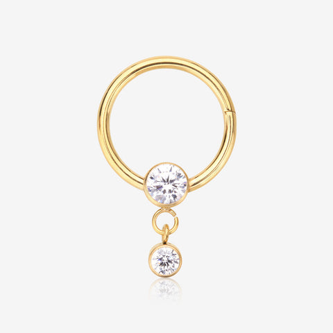 Golden Simply Sparkly Dangle Gem Steel Clicker Hoop Ring-Clear Gem
