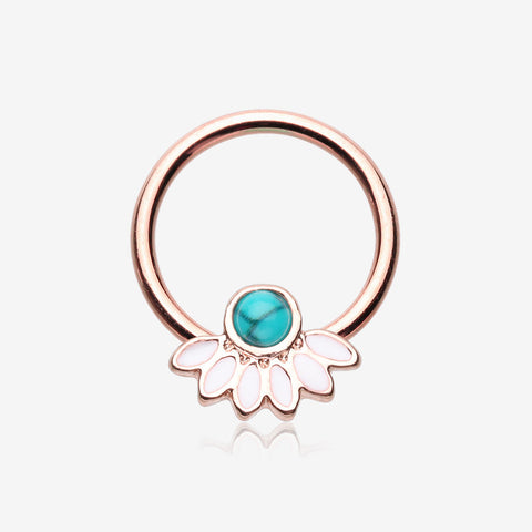 Rose Gold Tribal Turquoise Floral Elegance Steel Captive Bead Ring-White/Turquoise