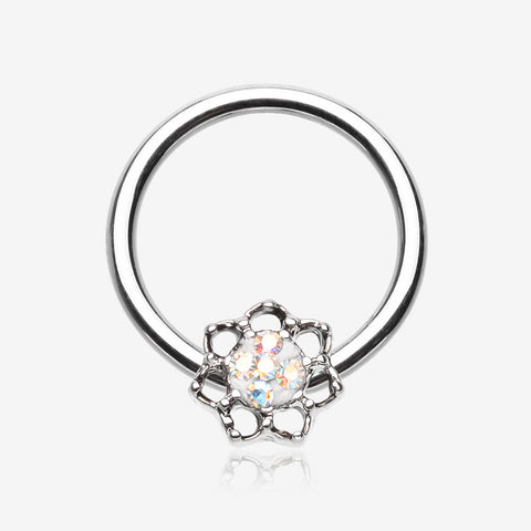 Lotus Filigree Multi-Gem Sparkle Captive Bead Ring-Aurora Borealis