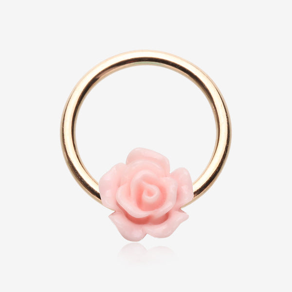 Rose Gold Dainty Rose Blossom Steel Captive Bead Ring-Pink
