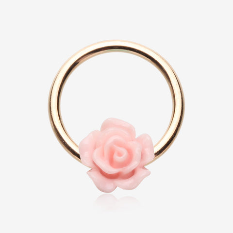 Rose Gold Dainty Rose Blossom Steel Captive Bead Ring-Pink
