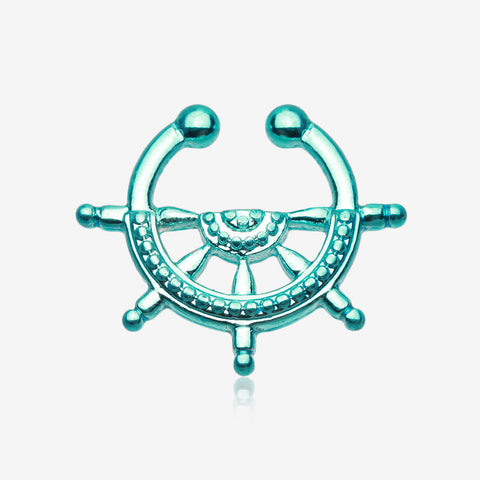 Colorline Nautical Wheel Fake Septum Clip-On Ring-Teal