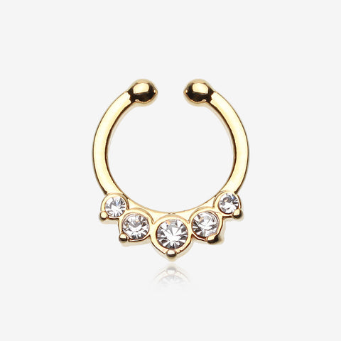 Golden Multi-Gem Precia Fake Septum Clip-On Ring-Clear Gem