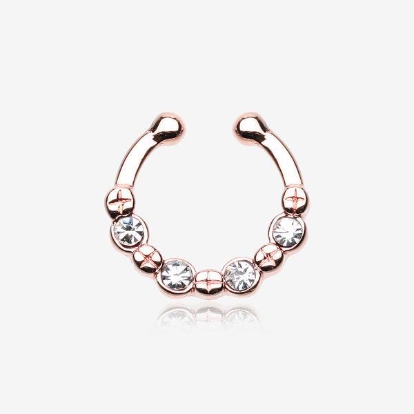 Rose Gold Elan Multi-Gem Fake Septum Clip-On Ring-Clear Gem