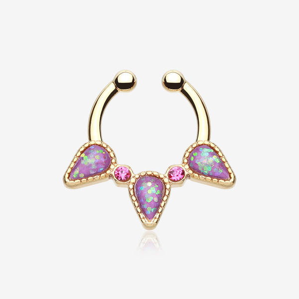 Golden Opal Sparkle Trident Fake Septum Clip-On Ring-Purple