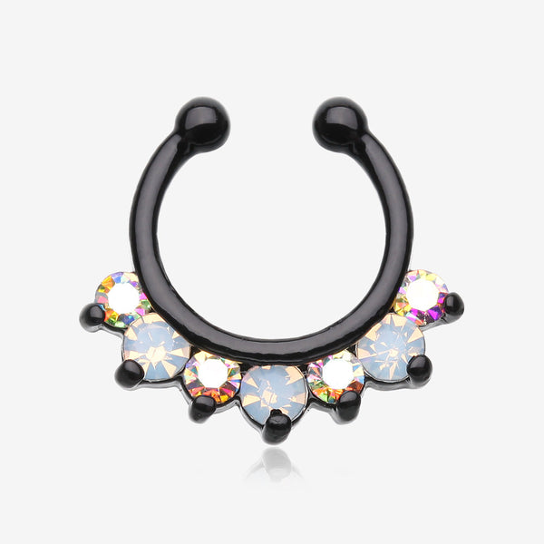 Blackline Opalite Sparkle Deuce Fake Septum Clip-On Ring-Black/Aurora Borealis/White