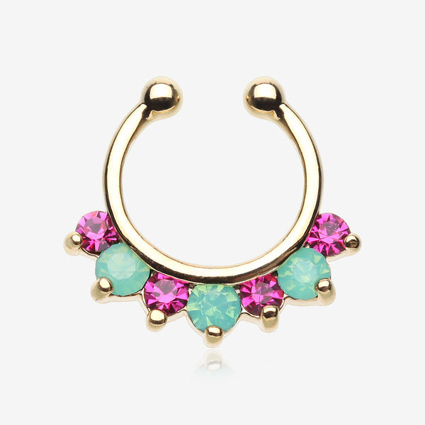 Golden Opalite Sparkle Deuce Fake Septum Clip-On Ring-Green/Fuchsia