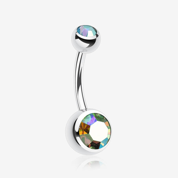 Double Gem Ball Steel Belly Button Ring-Light Green/Aurora Borealis