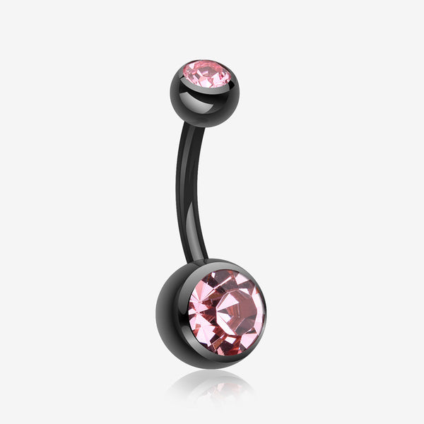 Colorline Double Gem Ball Steel Belly Button Ring-Black/Light Pink
