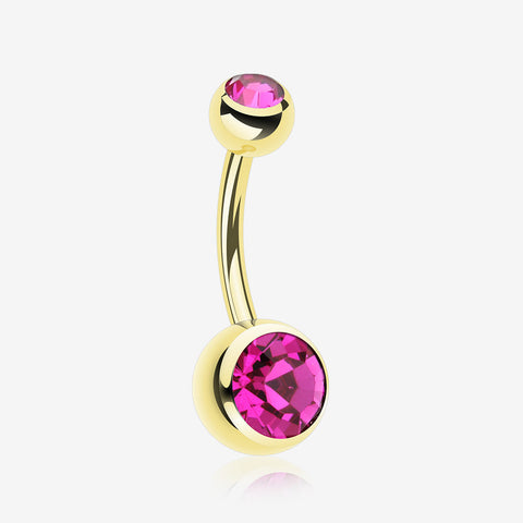 Gold PVD Double Gem Ball Steel Belly Button Ring-Fuchsia