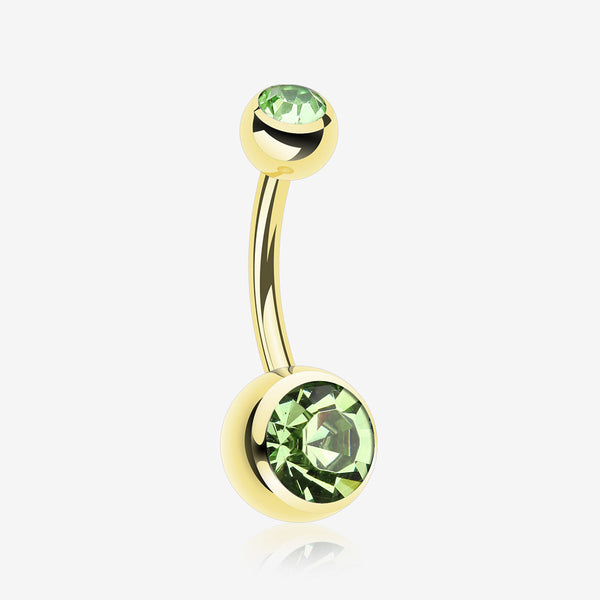 Gold PVD Double Gem Ball Steel Belly Button Ring-Light Green