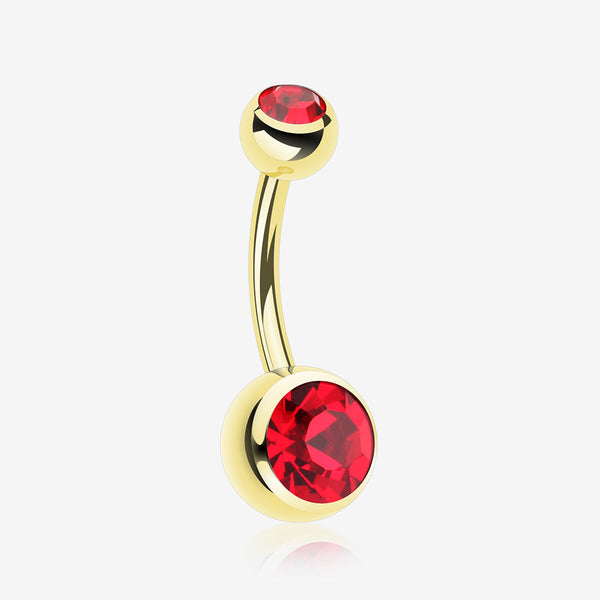 Gold PVD Double Gem Ball Steel Belly Button Ring-Red