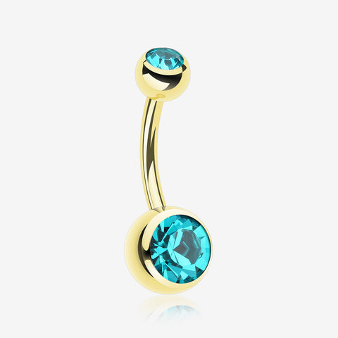 Gold PVD Double Gem Ball Steel Belly Button Ring-Teal