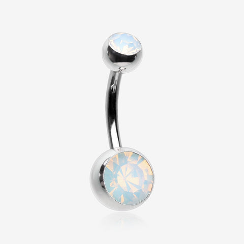 Opalite Double Gem Ball Steel Belly Button Ring-White