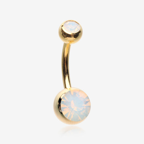 Golden Opalite Double Gem Ball Steel Belly Button Ring-White