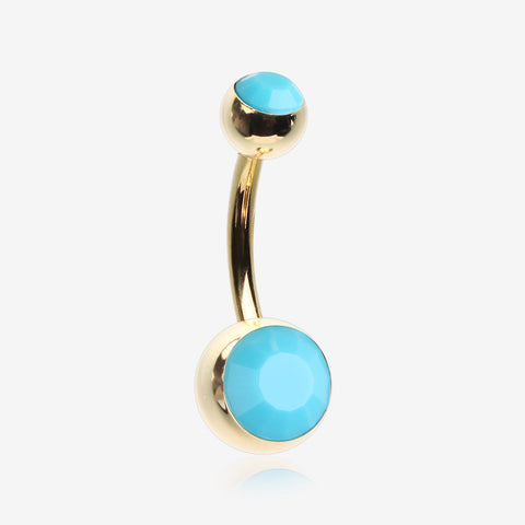 Golden Turquoise Double Gem Ball Steel Belly Button Ring-Turquoise