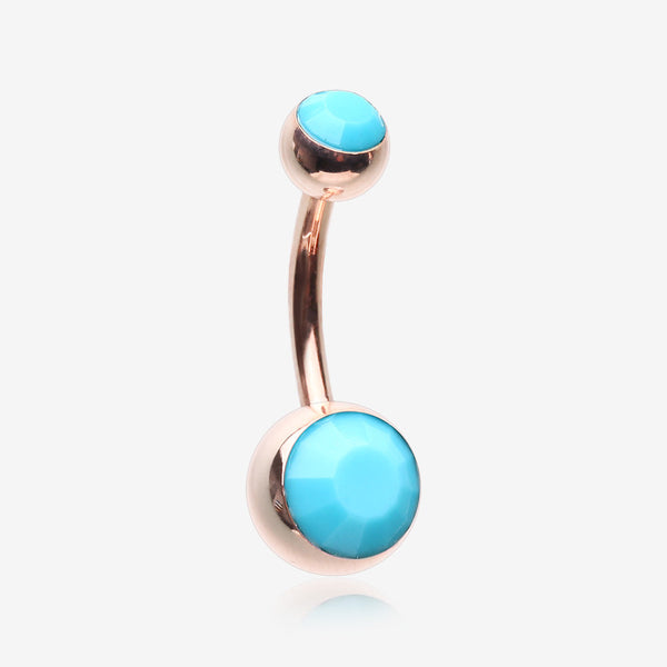 Rose Gold Turquoise Double Gem Ball Steel Belly Button Ring-Turquoise