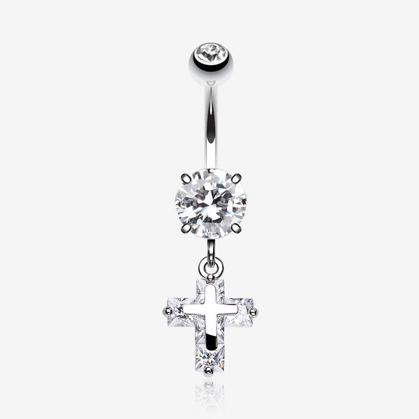 Cross on Cross Sparkle Belly Ring-Clear Gem