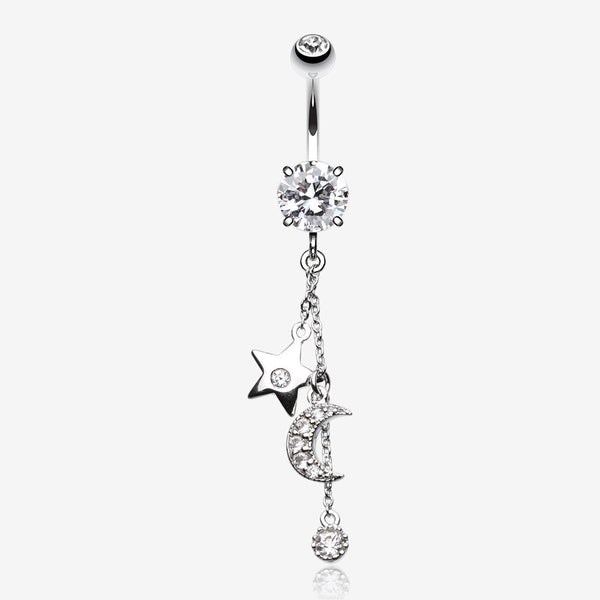 Wishing Star with Moon Belly Button Ring-Clear Gem