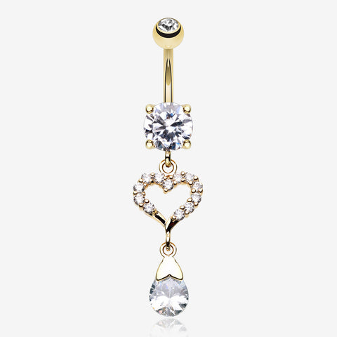 Golden Darling Heart Sparkle Belly Button Ring-Clear Gem