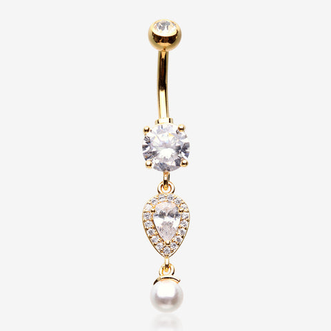Golden Pearlescent Teardrop Lumi Sparkle Belly Button Ring-Clear Gem