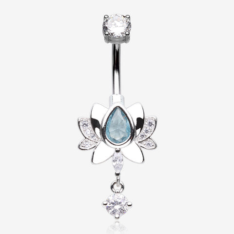 Glistening Lotus Sparkle Dangle Belly Button Ring-Clear Gem/Aqua