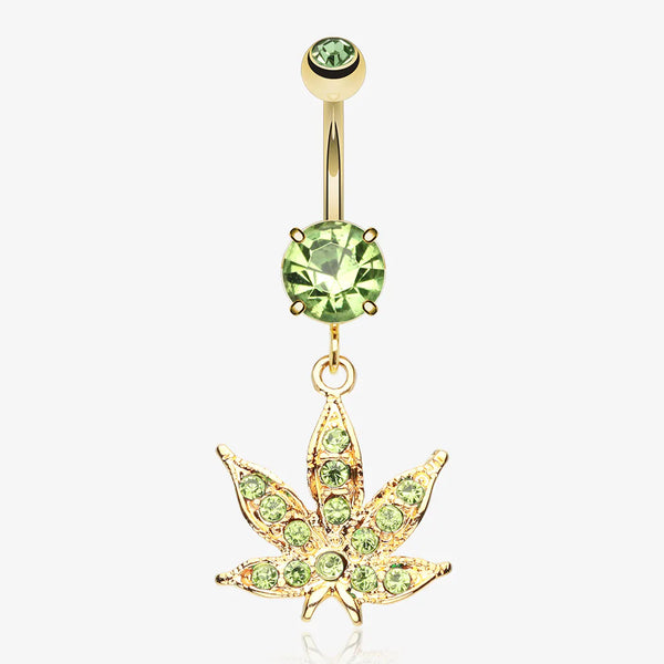 Golden Cannabis Leaf Sparkle Belly Ring-Light Green