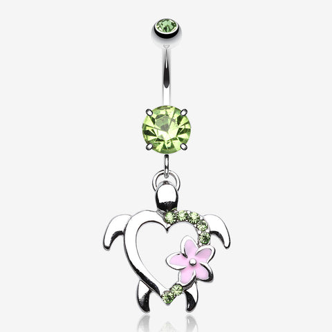 Hawaiian Flower Turtle Sparkle Belly Button Ring-Light Green