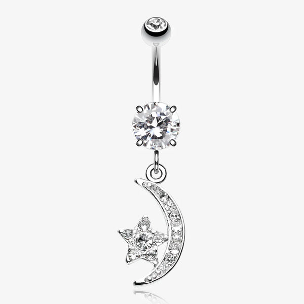 Glistening Moon and Star Sparkle Belly Button Ring-Clear Gem