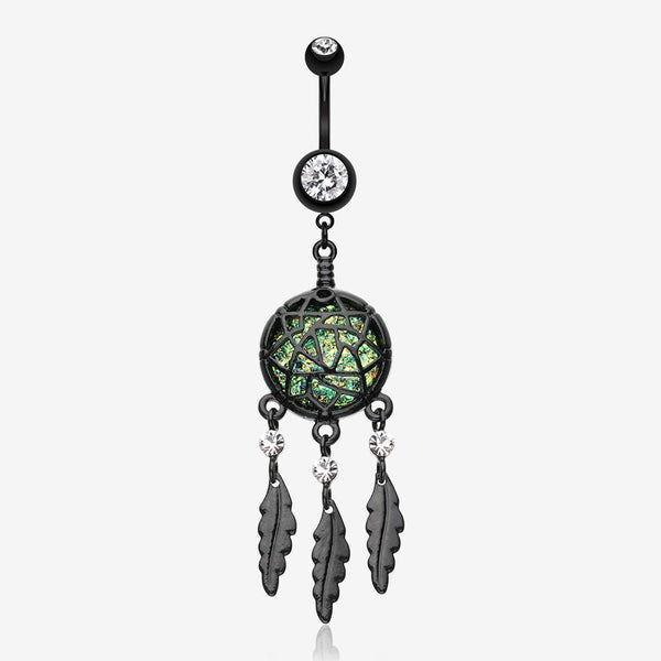 Blackline Opal Dreamcatcher Feather Belly Button Ring-Clear Gem/Black