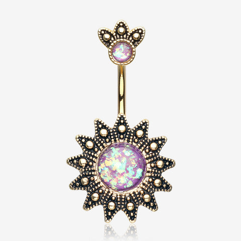 Golden Antique Tribal Sun God Opal Sparkle Belly Button Ring-Purple