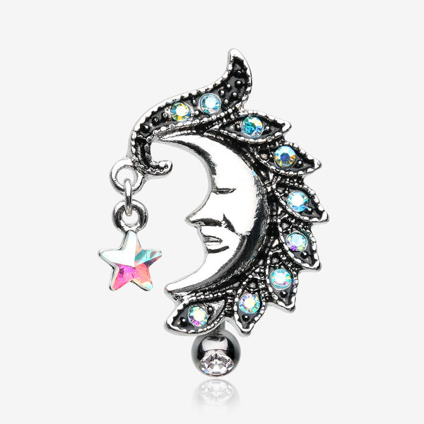 Sparkle Star Crescent Moon Reverse Belly Button Ring-Aqua/Aurora Borealis