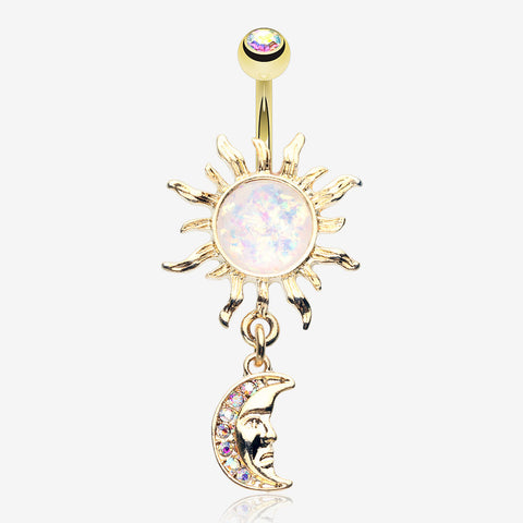 Golden Blazing Sun Opal Sparkle Moon Dangle Belly Button Ring-Aurora Borealis/White