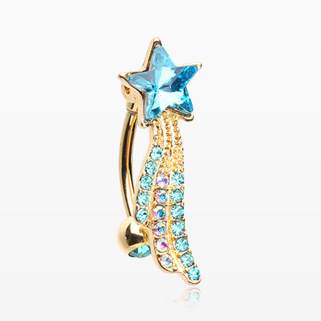 Golden Shooting Star Sparkle Reverse Belly Button Ring-Teal/Aurora Borealis