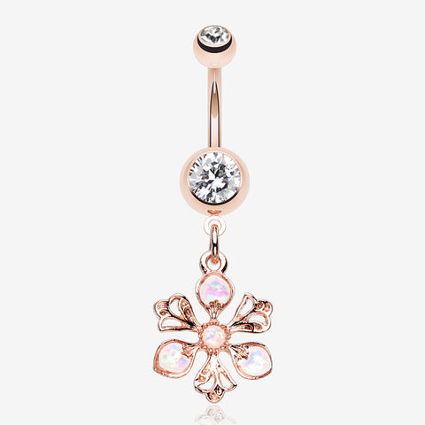 Rose Gold Opalescent Spring Wild Flower Belly Button Ring-Clear Gem/White