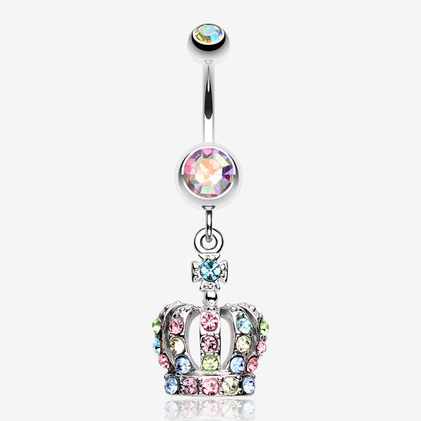 Dazzling Royal Crown Belly Ring-Aurora Borealis/Rainbow